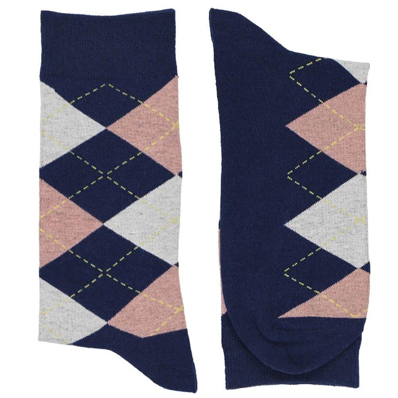 tiemart Men's Socks, One Pair (Navy Blue and Blush Pink Argyle) - Image 2